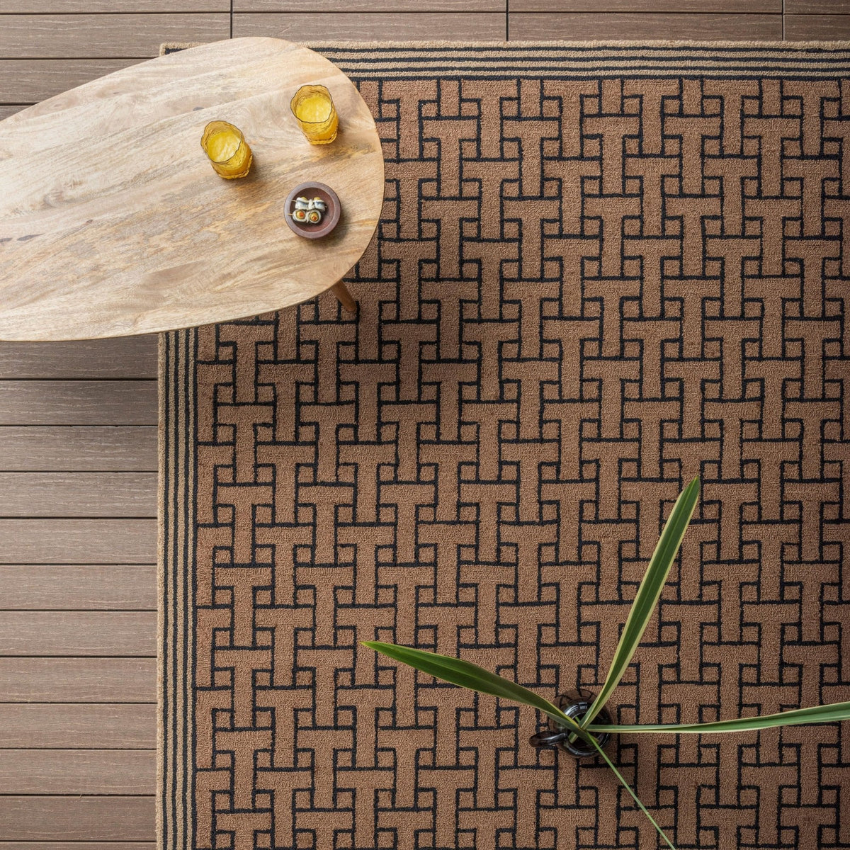 TB T Monogram Light Brown Outdoor Rug