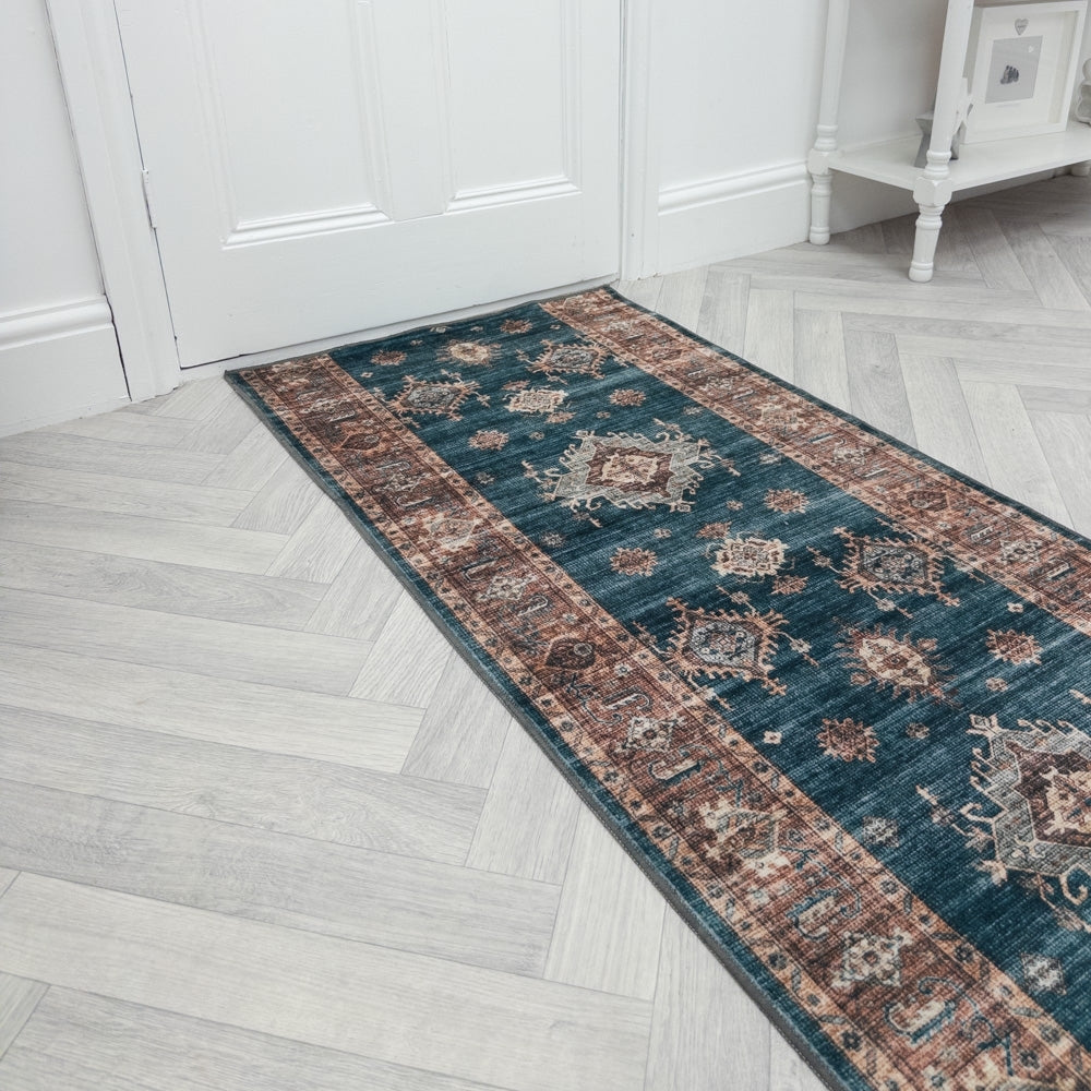 Philon Teal/Rust Washable Hall Runner