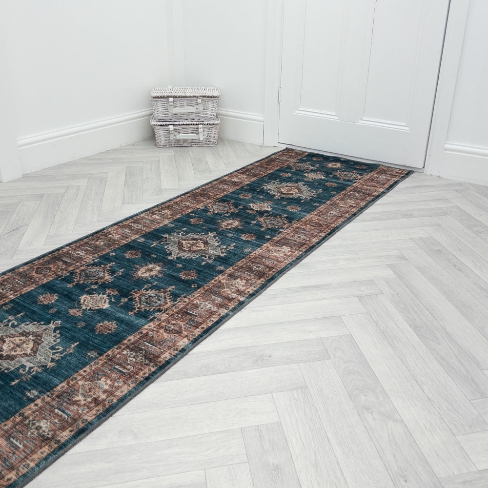 Philon Teal/Rust Washable Hall Runner