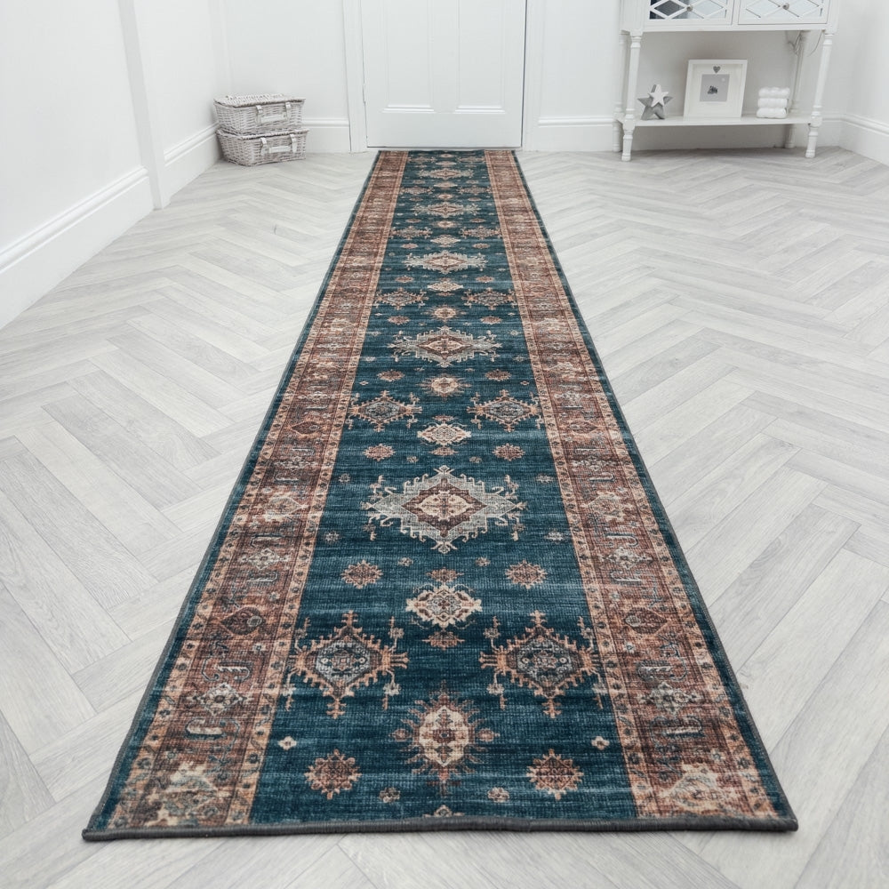 Philon Teal/Rust Washable Hall Runner