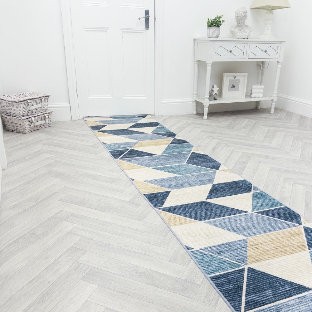 Shamir Beige/Blue Washable Rug Runner