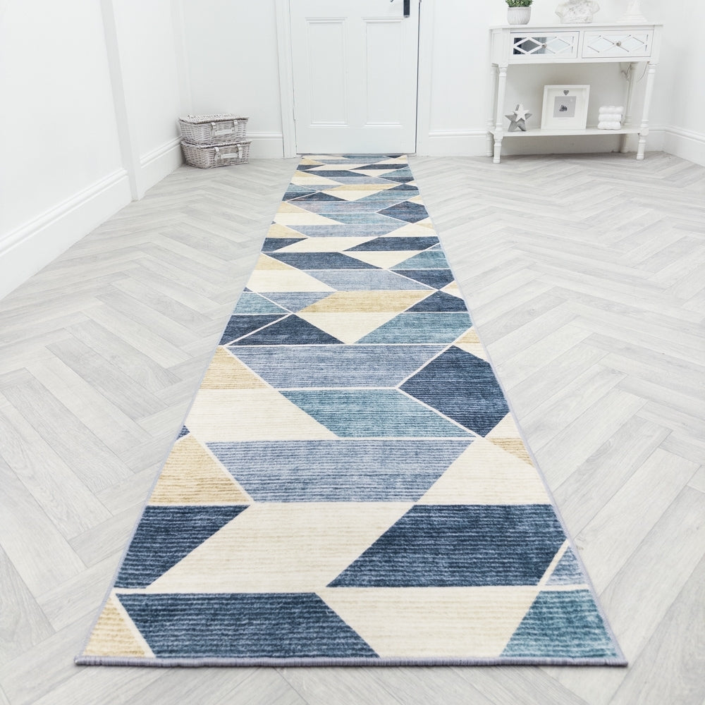 Shamir Beige/Blue Washable Rug Runner