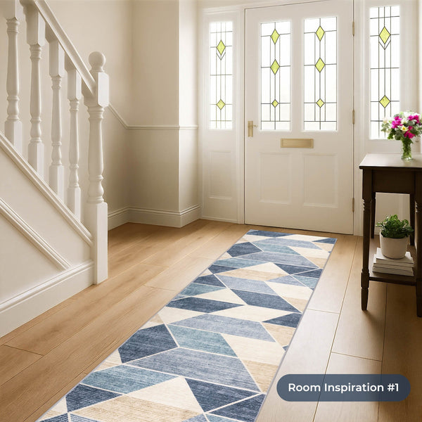 Shamir Beige/Blue Washable Rug Runner