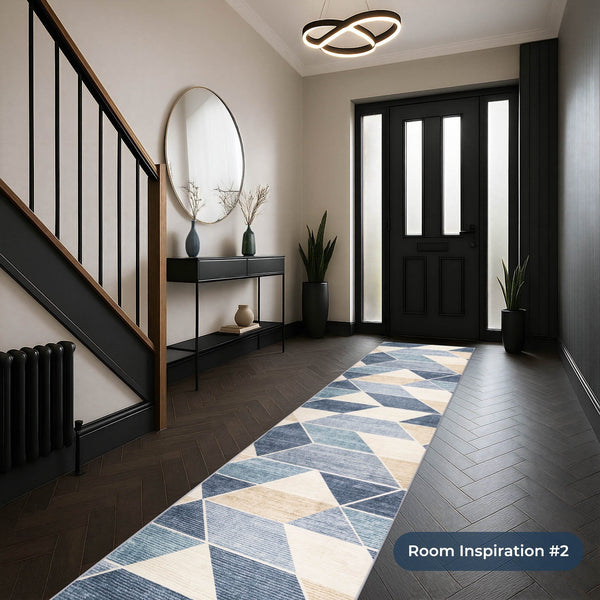 Shamir Beige/Blue Washable Rug Runner