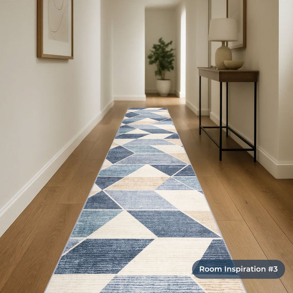 Shamir Beige/Blue Washable Rug Runner