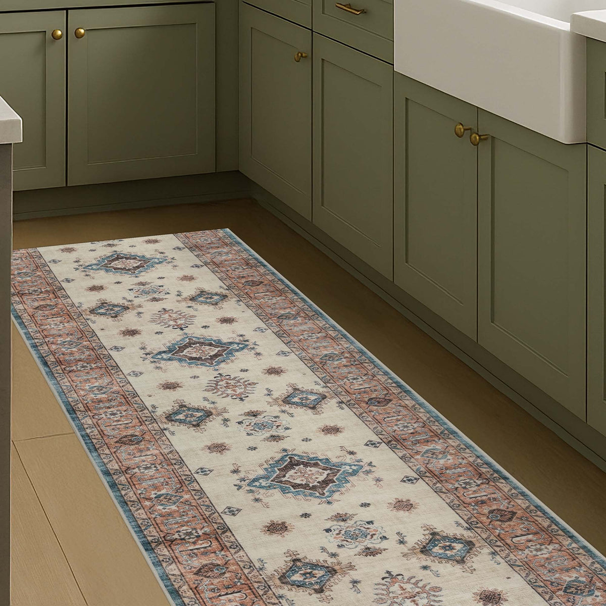 Saul Red/Beige Washable Kitchen Runner