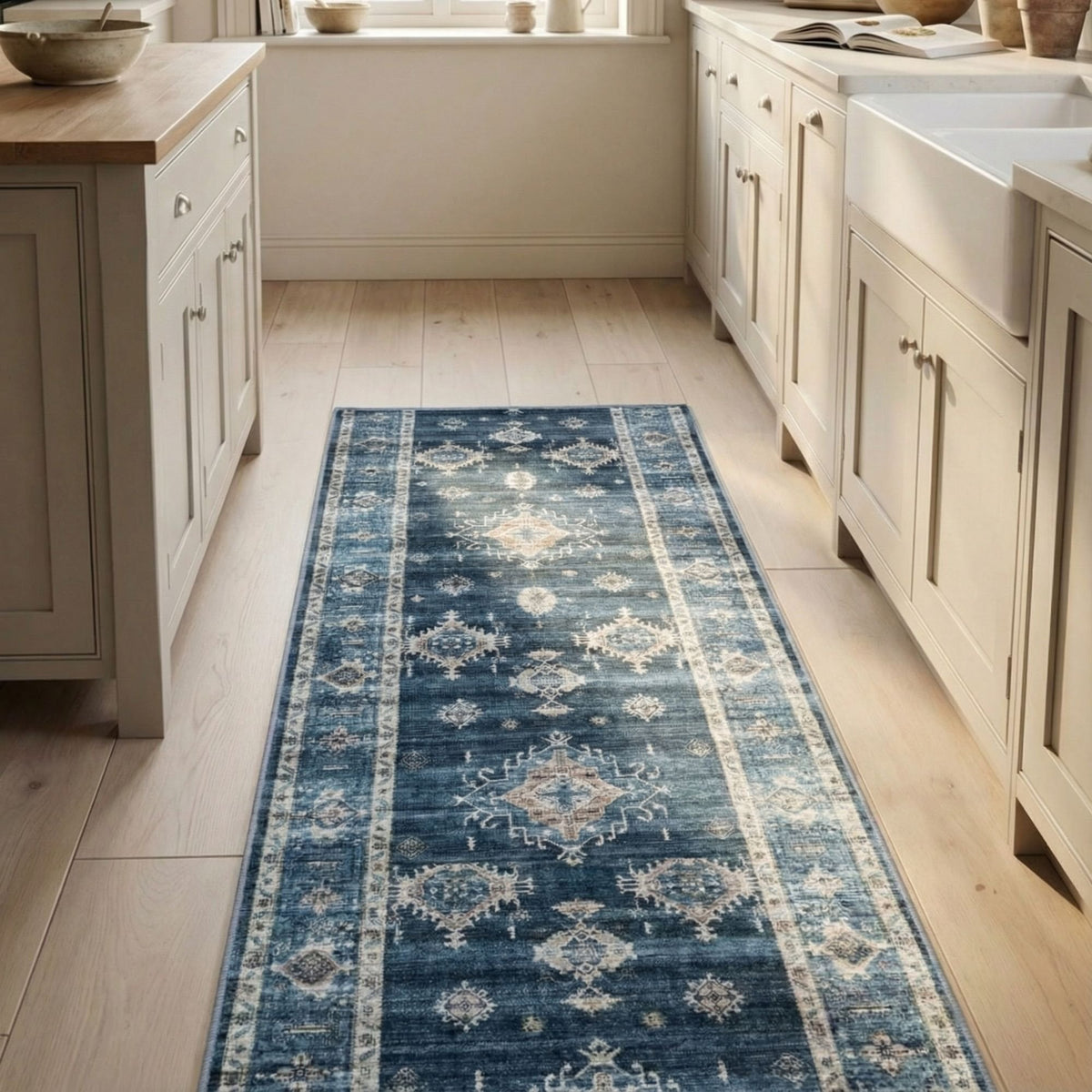 Philon Navy/Light Blue Washable Kitchen Runner