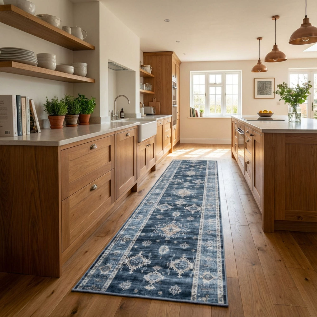 Philon Navy/Light Blue Washable Kitchen Runner