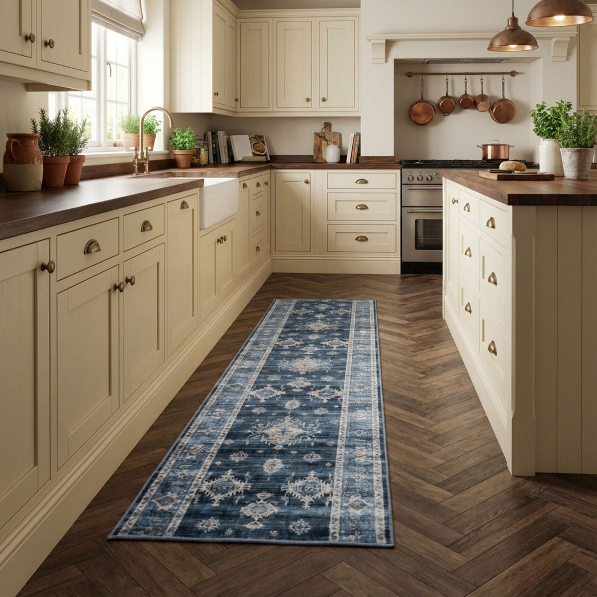Philon Navy/Light Blue Washable Kitchen Runner