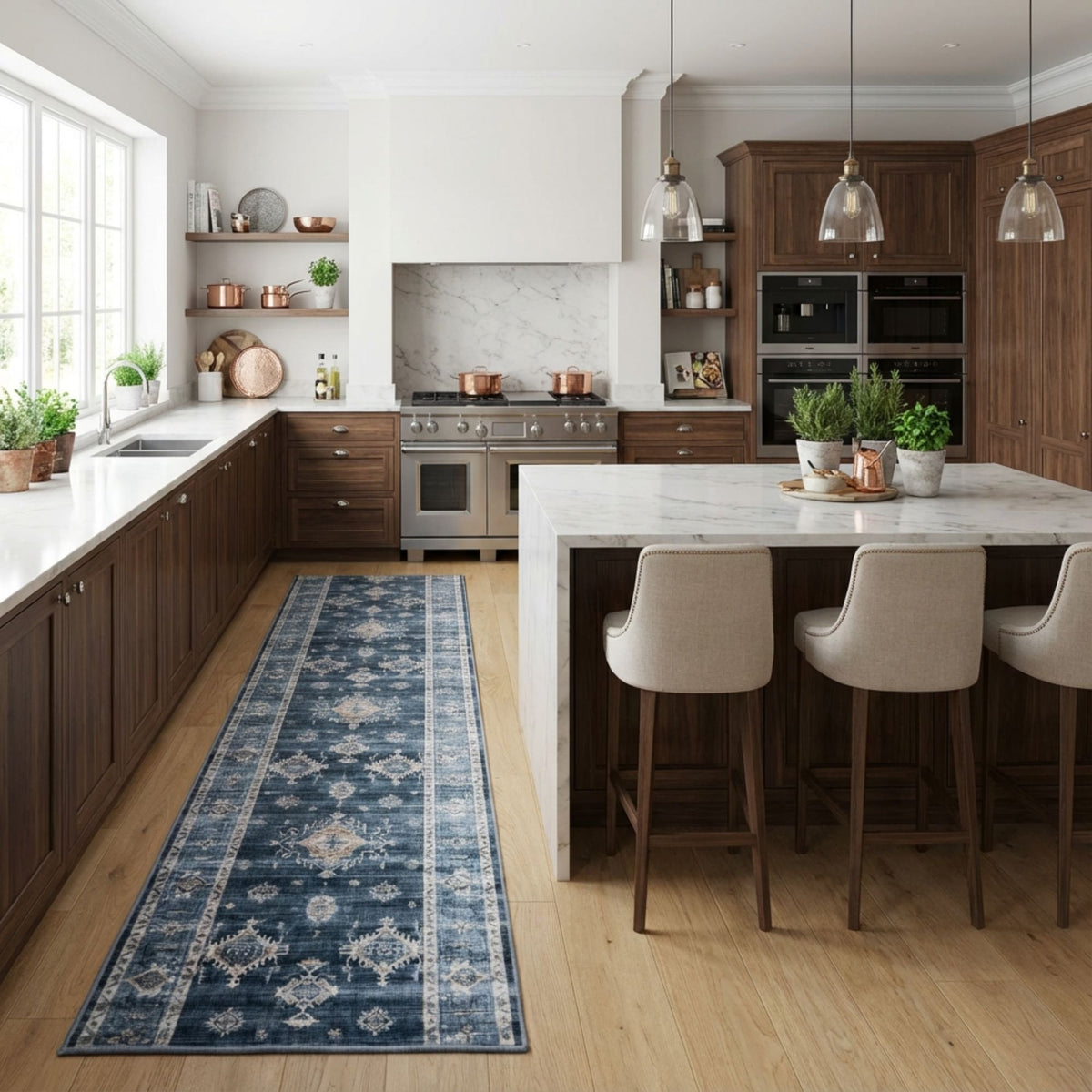 Philon Navy/Light Blue Washable Kitchen Runner