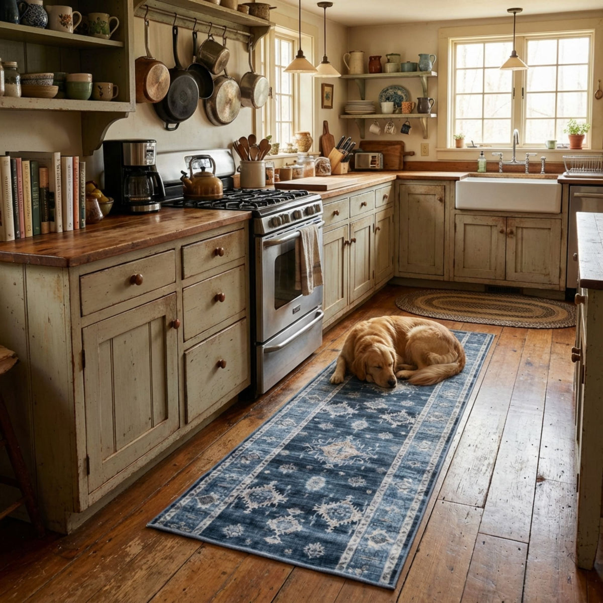 Philon Navy/Light Blue Washable Kitchen Runner