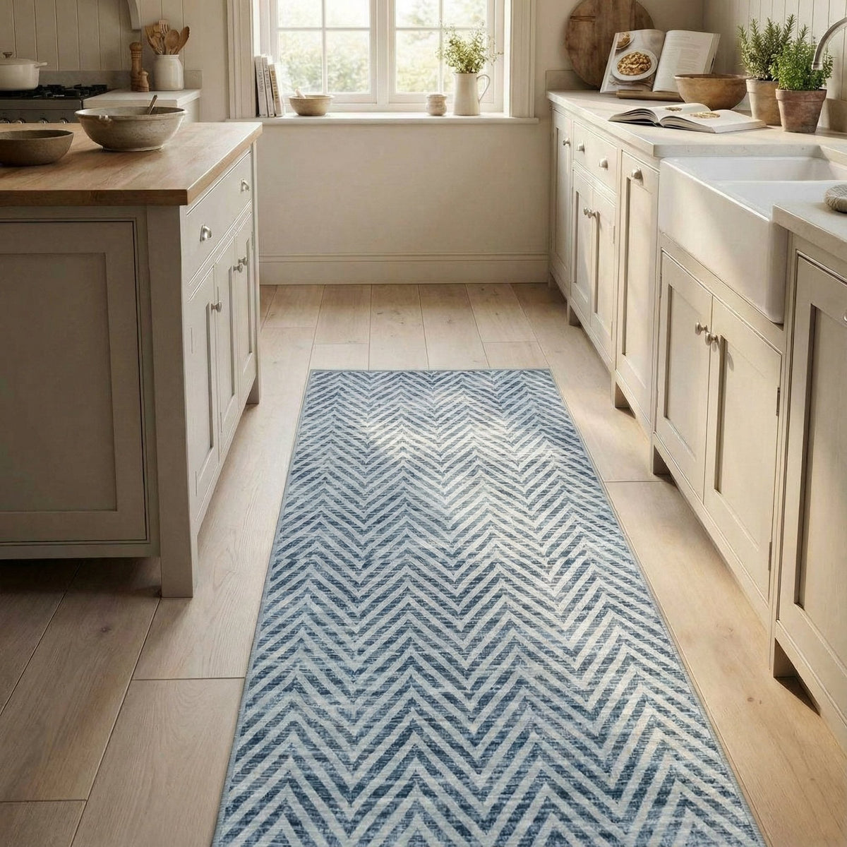 Mavy Light Blue Washable Kitchen Runner