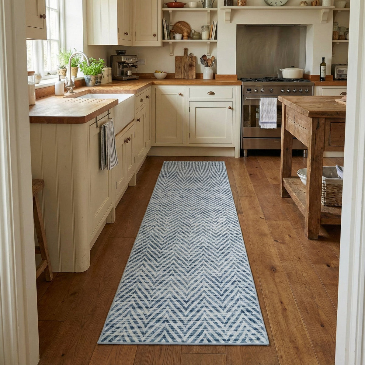 Mavy Light Blue Washable Kitchen Runner