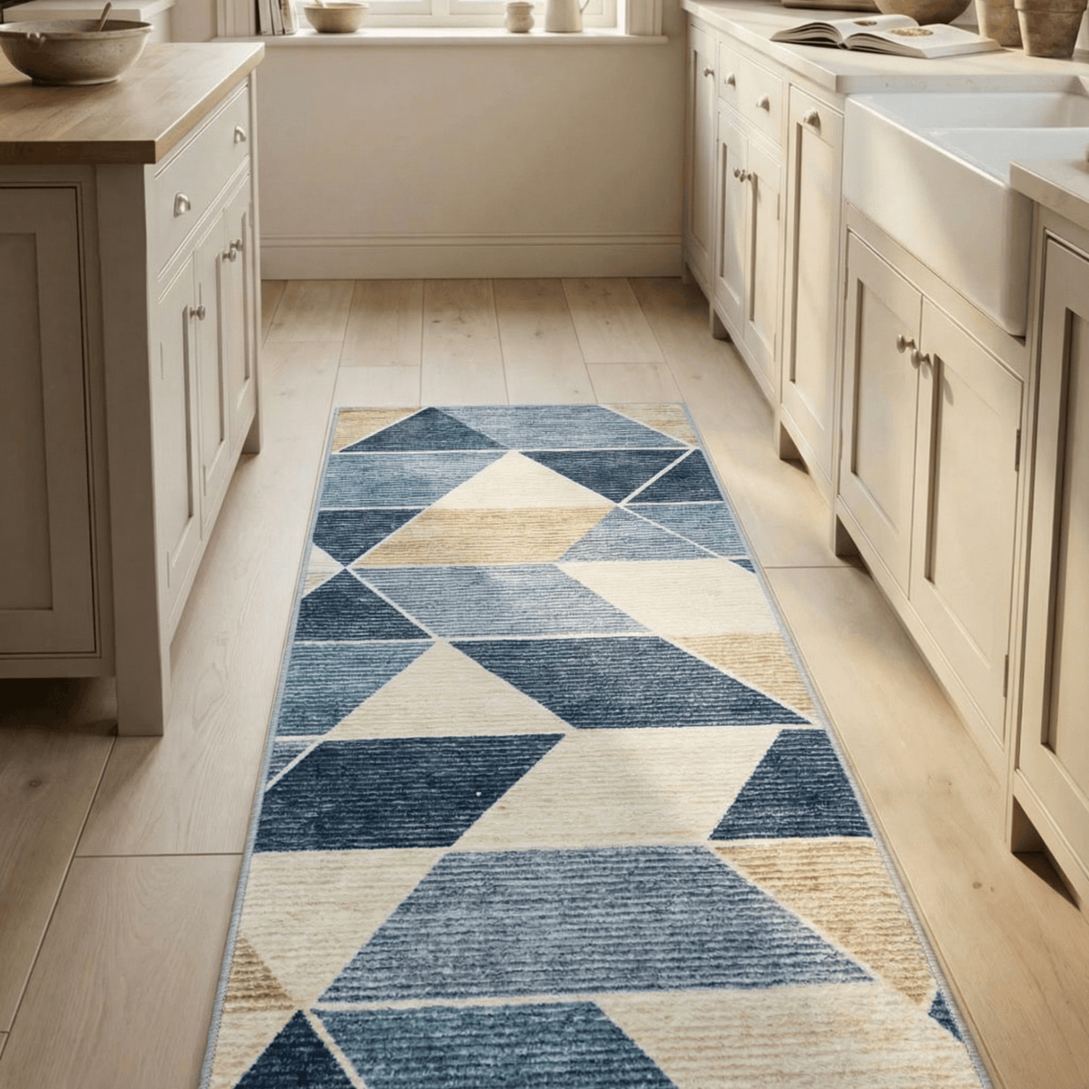 Shamir Beige/Blue Washable Kitchen Runner