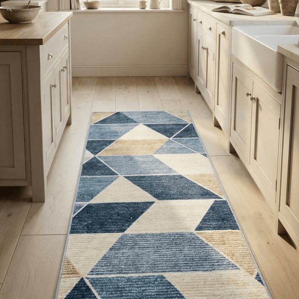 Shamir Beige/Blue Washable Kitchen Runner