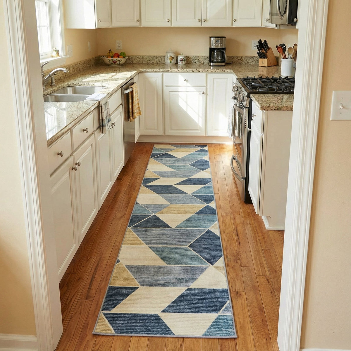 Shamir Beige/Blue Washable Kitchen Runner