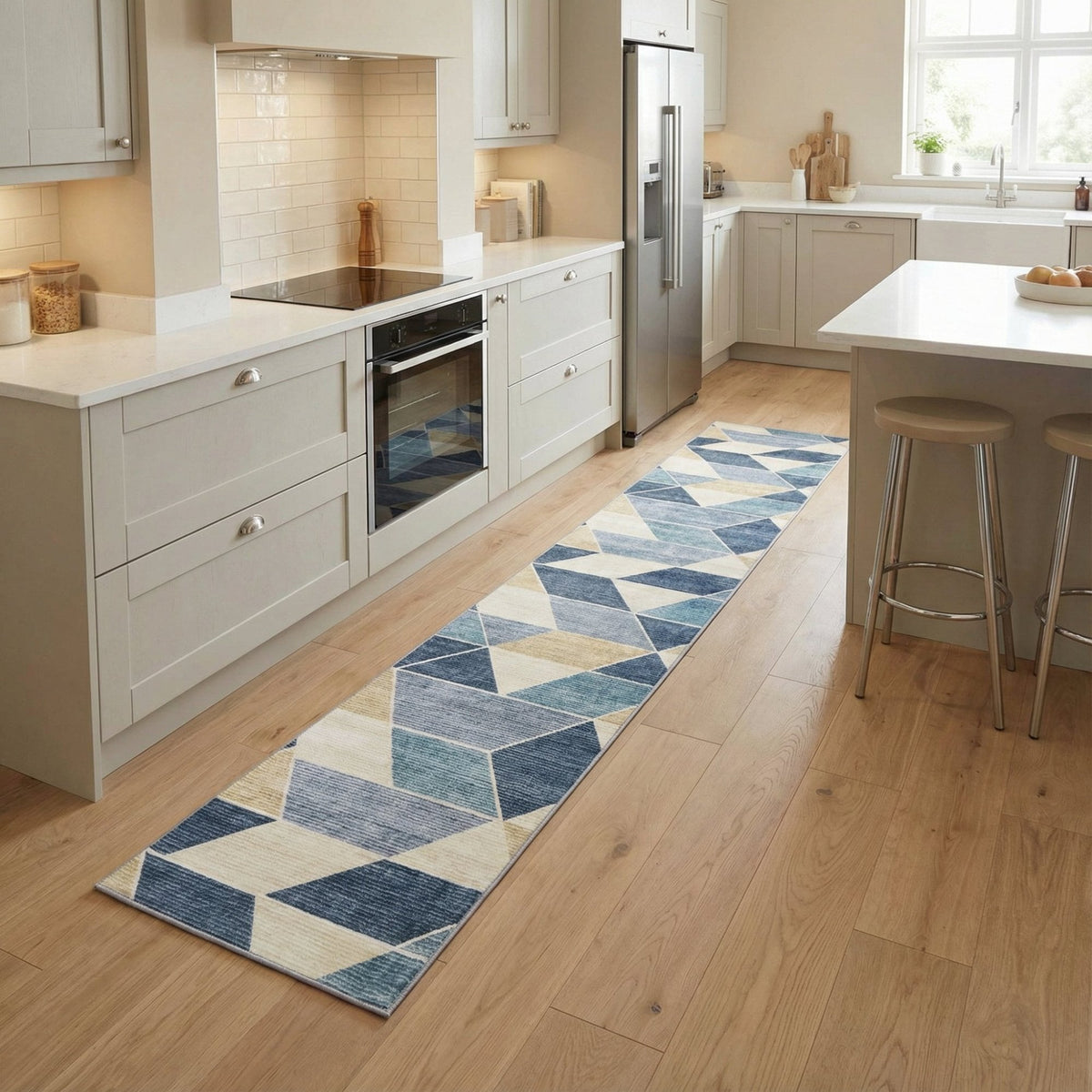 Shamir Beige/Blue Washable Kitchen Runner