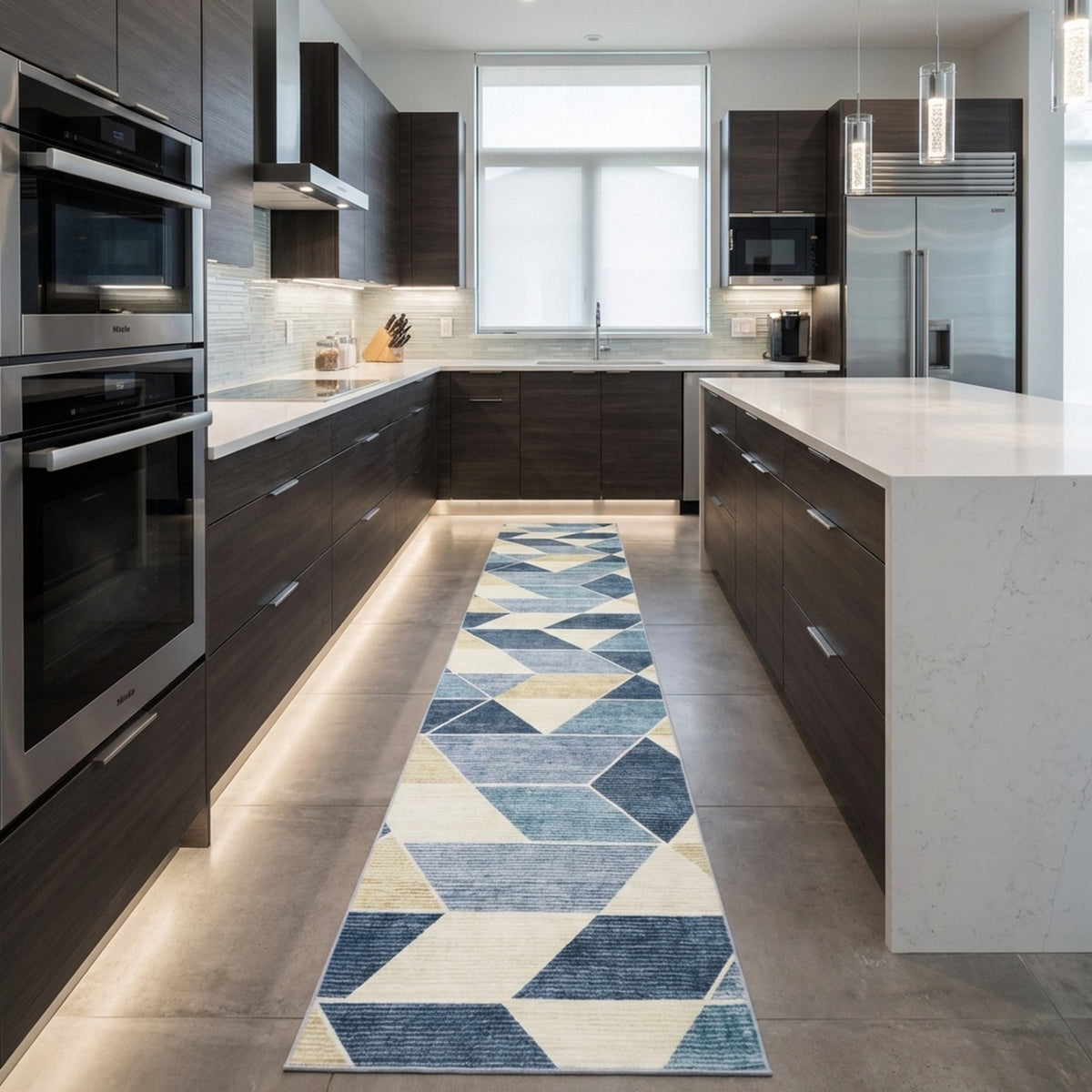 Shamir Beige/Blue Washable Kitchen Runner