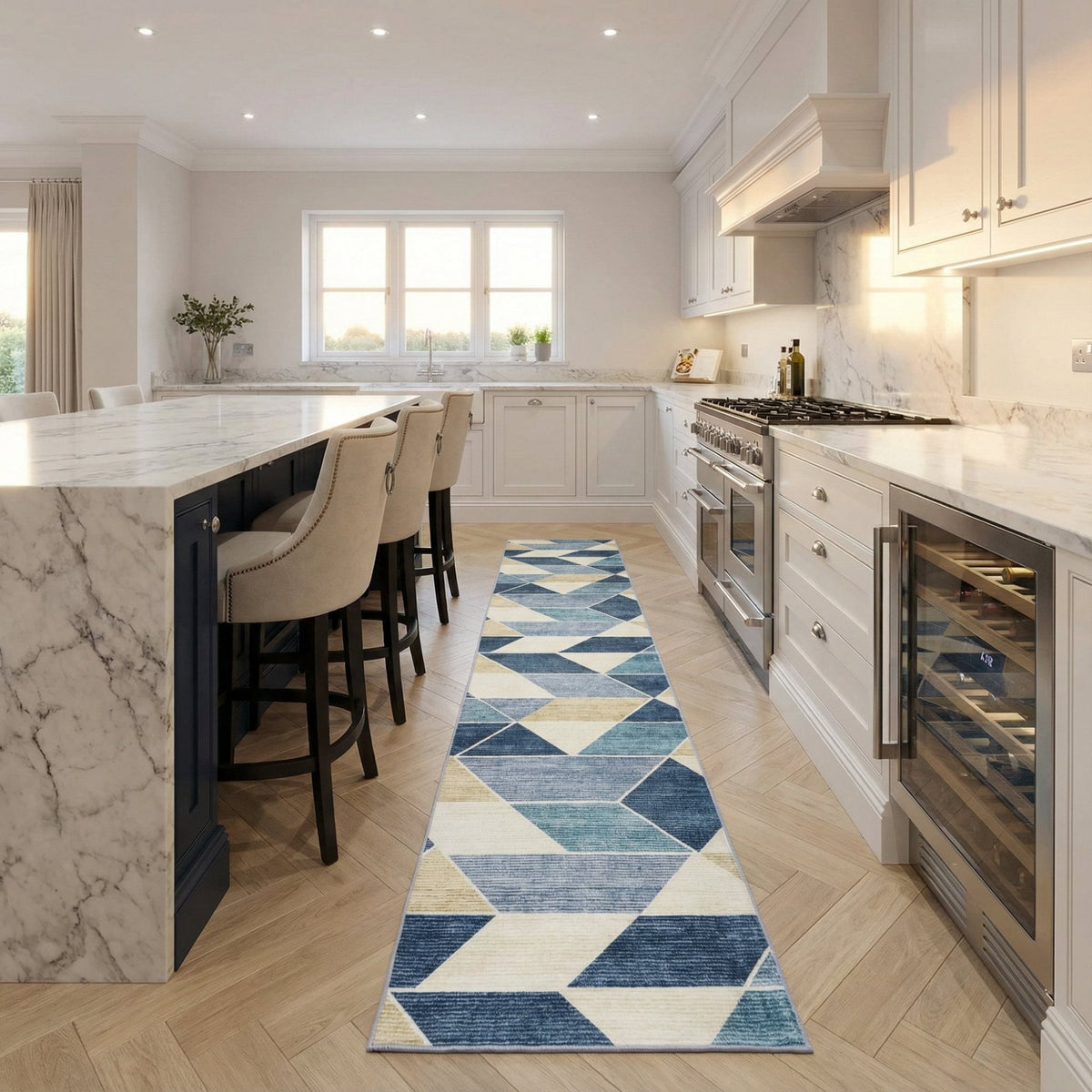 Shamir Beige/Blue Washable Kitchen Runner