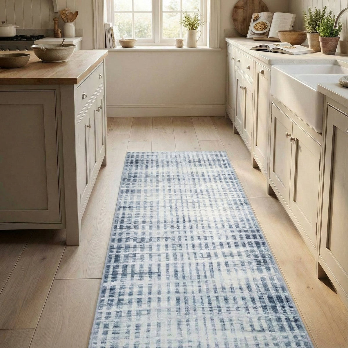 Santona Light Blue Washable Kitchen Runner