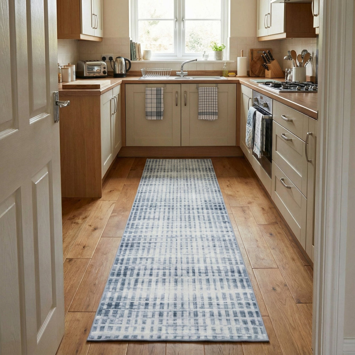 Santona Light Blue Washable Kitchen Runner