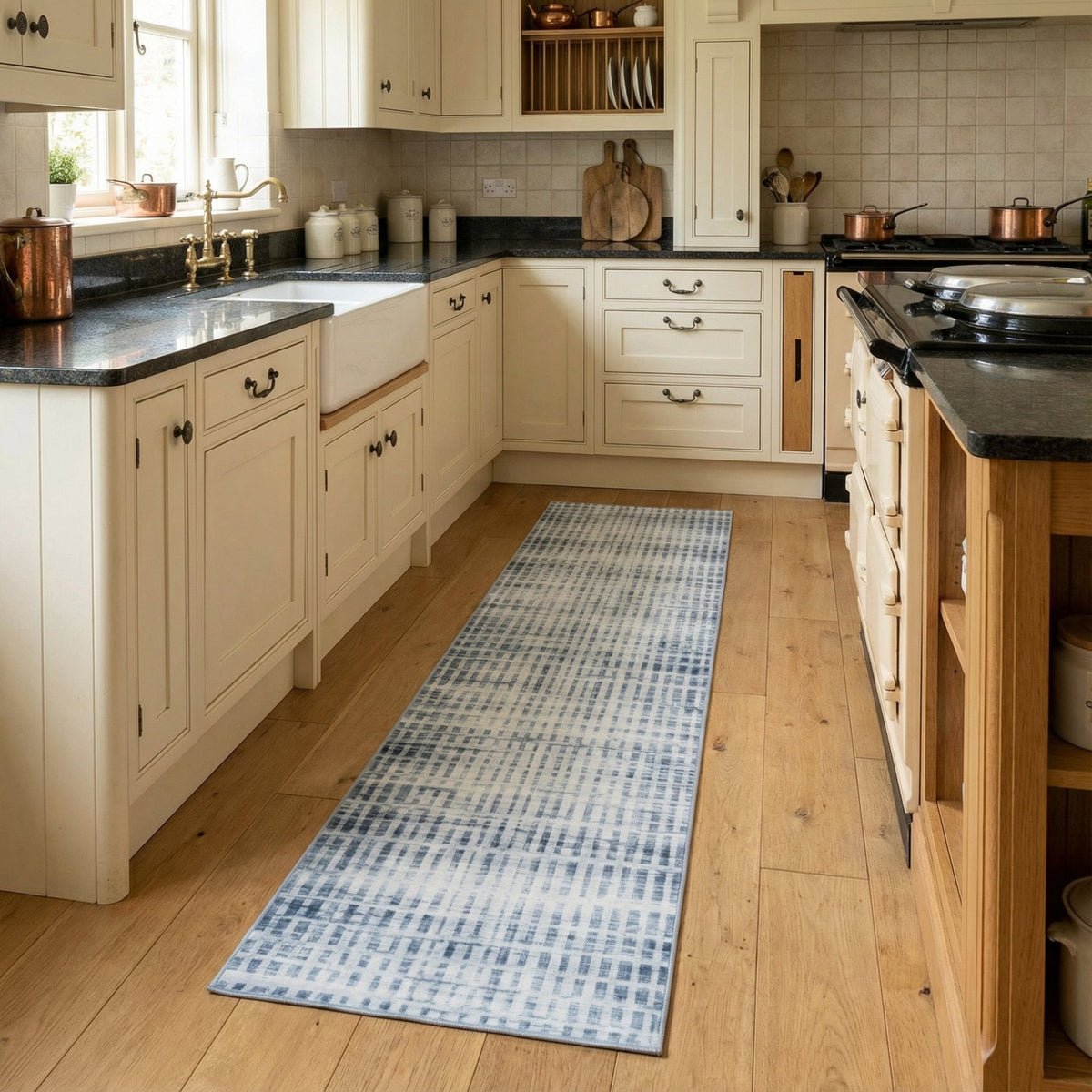 Santona Light Blue Washable Kitchen Runner