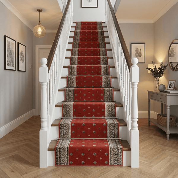 Heirloom Fleur De Lis Cinnabar Navajo White Stair Runner