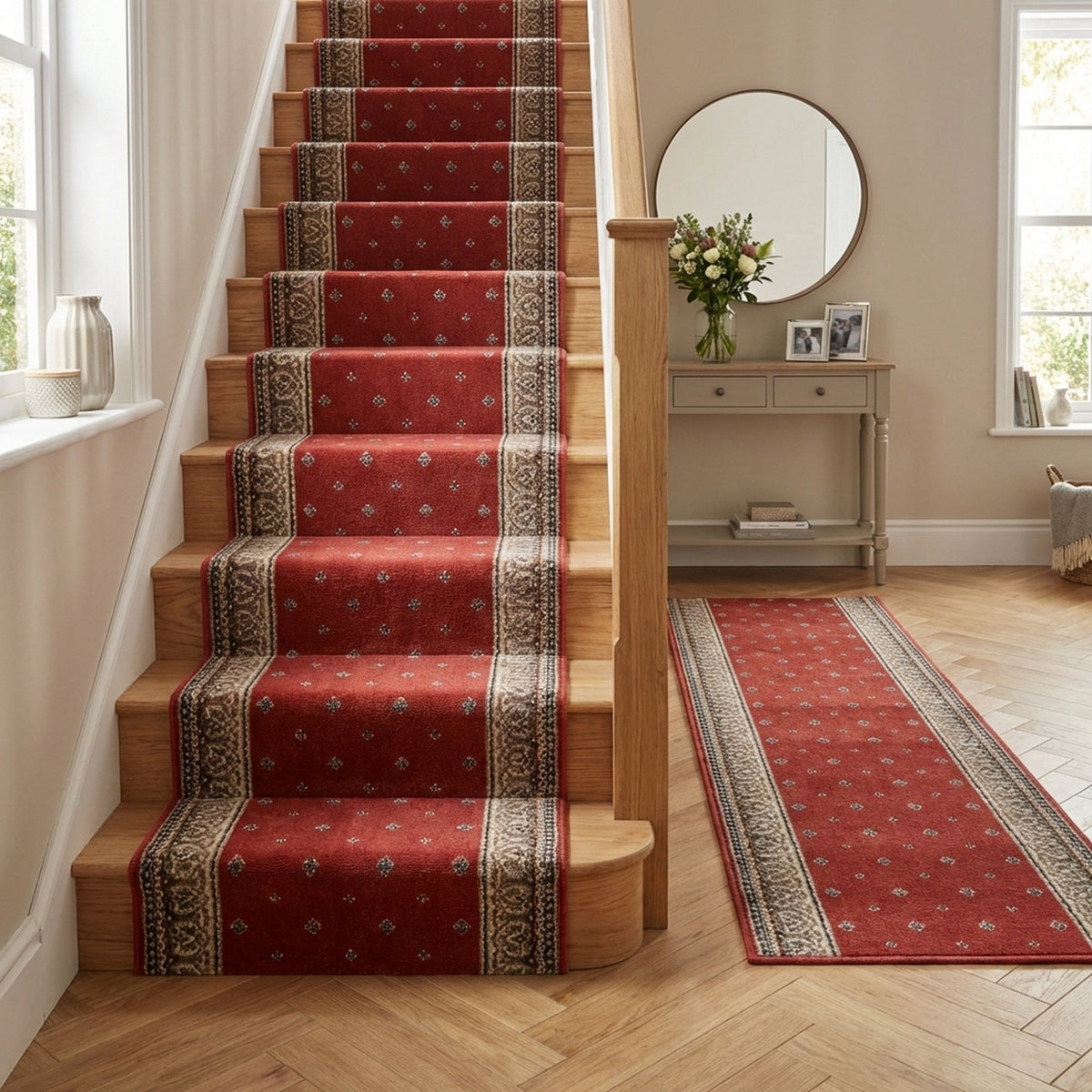 Heirloom Fleur De Lis Cinnabar Navajo White Stair Runner