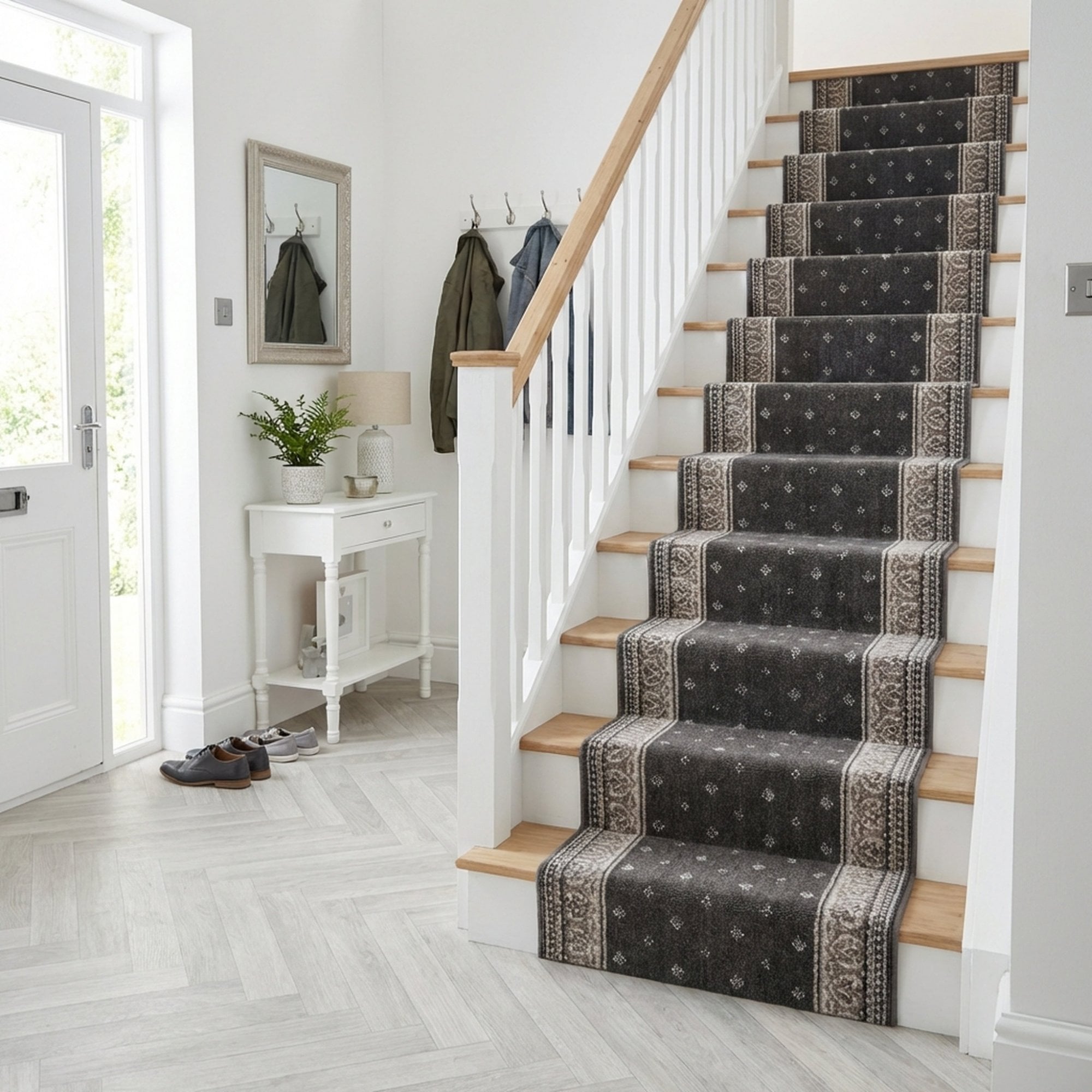 ステファニー　ピユアード100 Heirloom Fleur De Lis Abbey Navajo White Stair Runner | Runrug