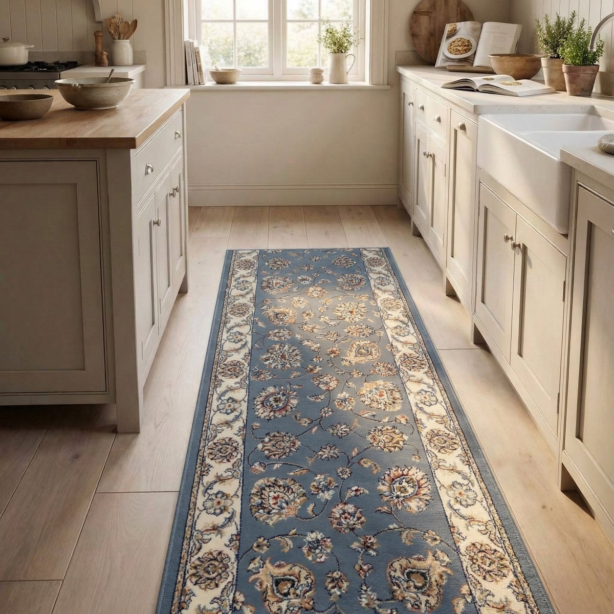 Ancient Garden Light Blue/Ivory 57365-5464 Kitchen Runner