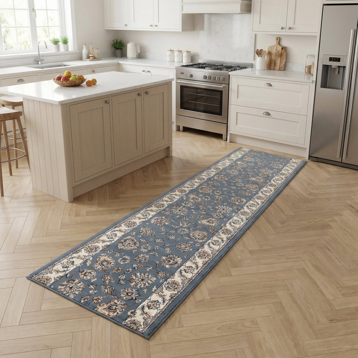 Ancient Garden Light Blue/Ivory 57365-5464 Kitchen Runner