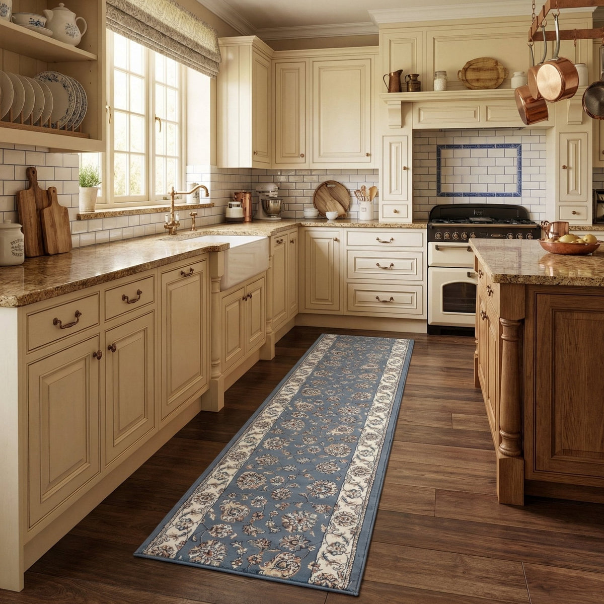 Ancient Garden Light Blue/Ivory 57365-5464 Kitchen Runner