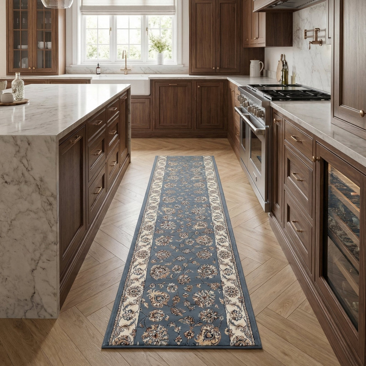 Ancient Garden Light Blue/Ivory 57365-5464 Kitchen Runner