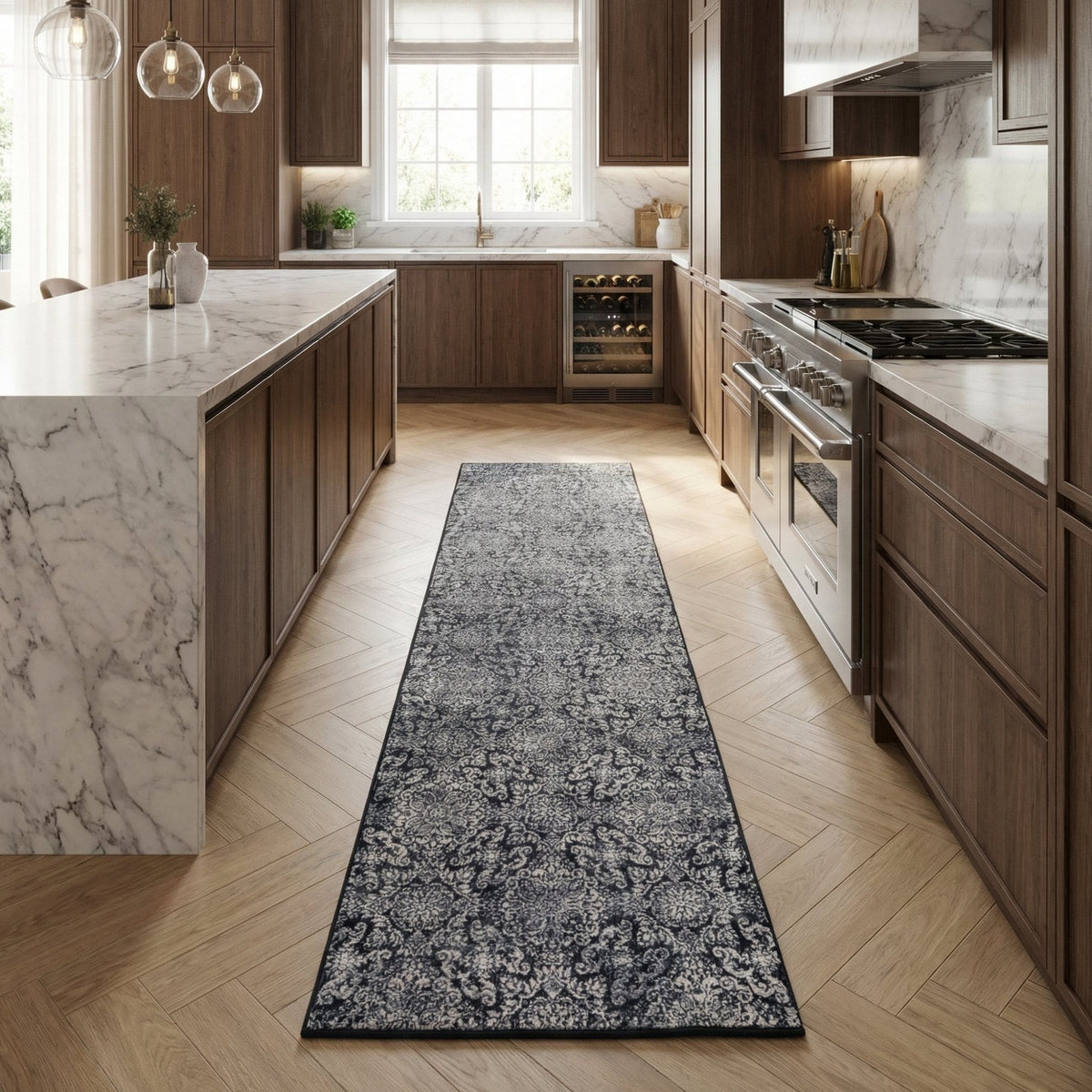 Ancient Garden Steel Blue 57162-3696 Kitchen Runner
