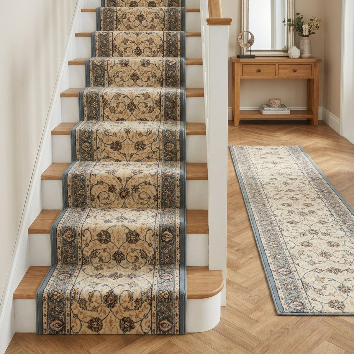 Ancient Garden Beige/Light Blue 57120-6454 Stair Runner