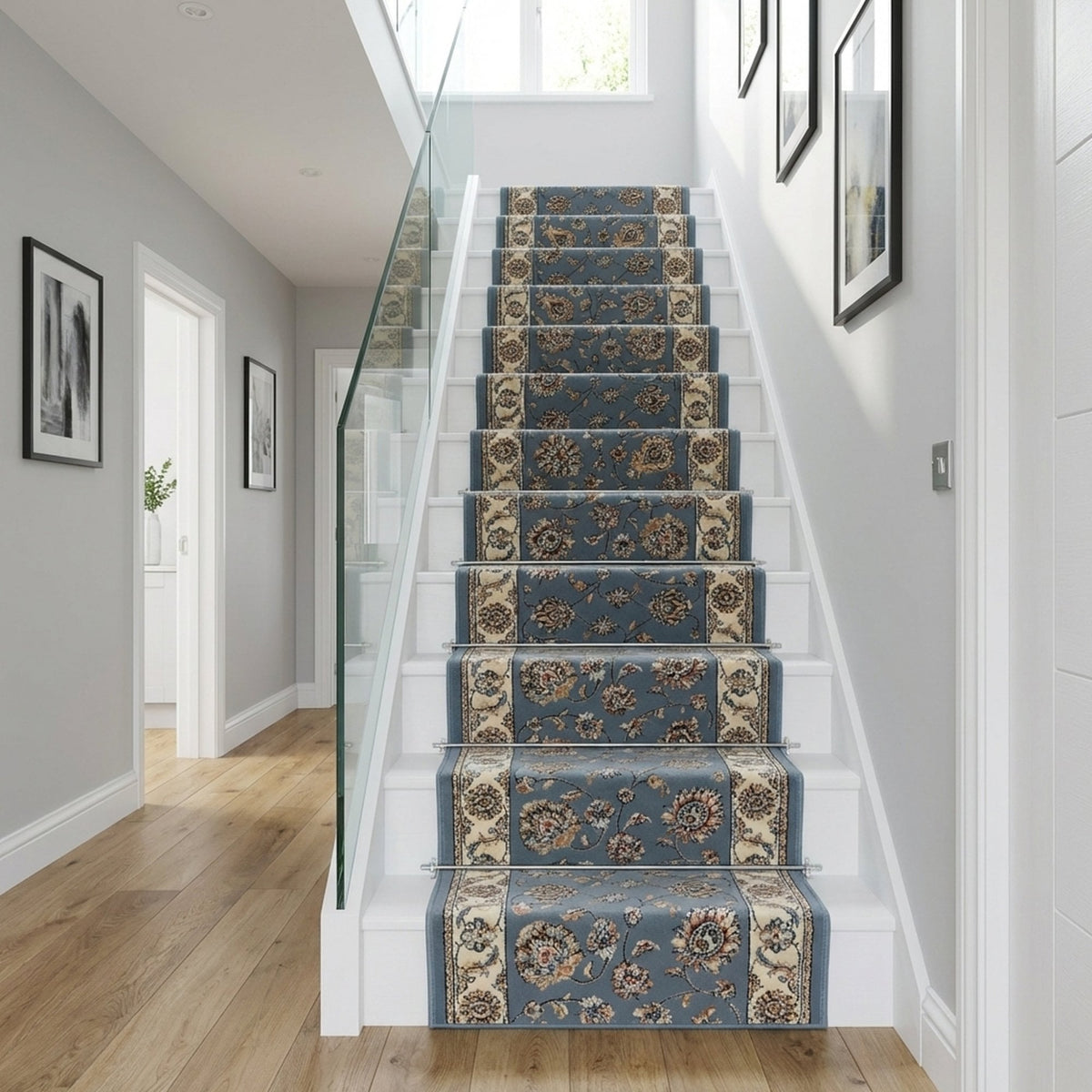 Ancient Garden Light Blue/Ivory 57365-5464 Stair Runner