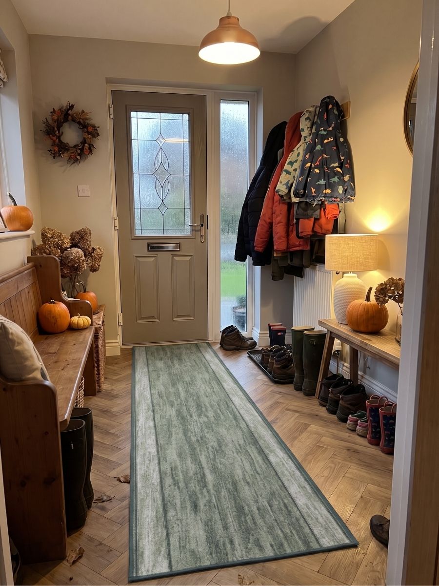 Green hall runner in an autumn hallway