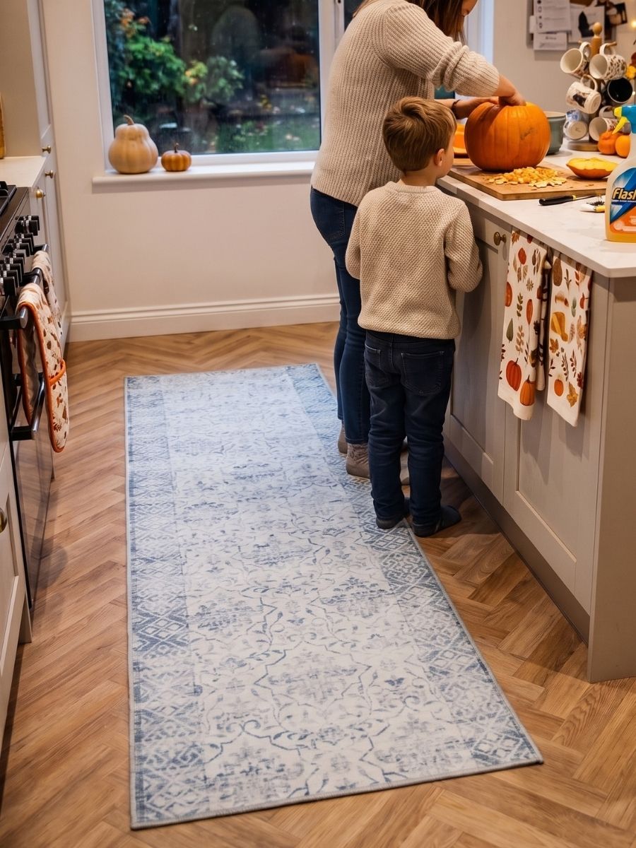 Blue patterned runner in a family kitchen