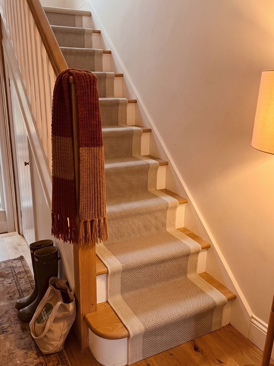 Striped stair runner on an oak staircase