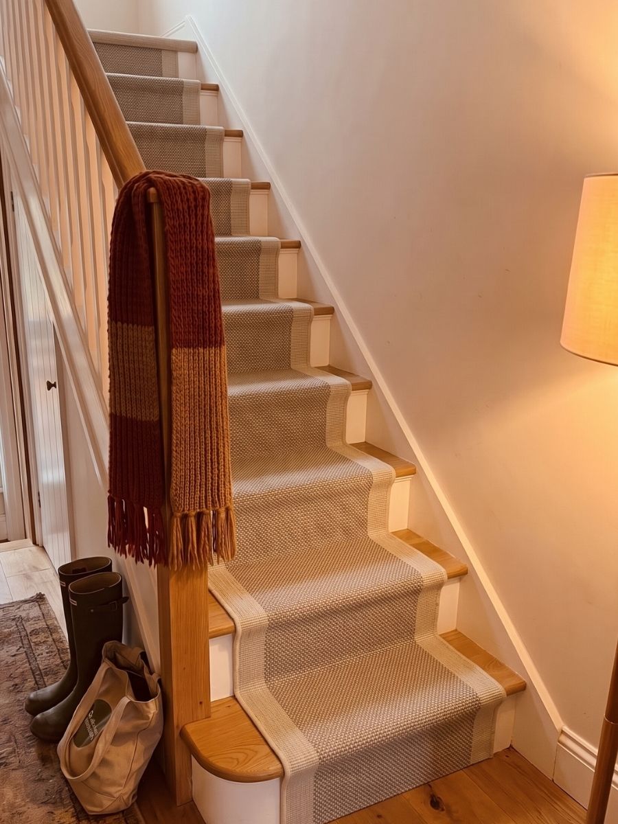 Striped stair runner on an oak staircase