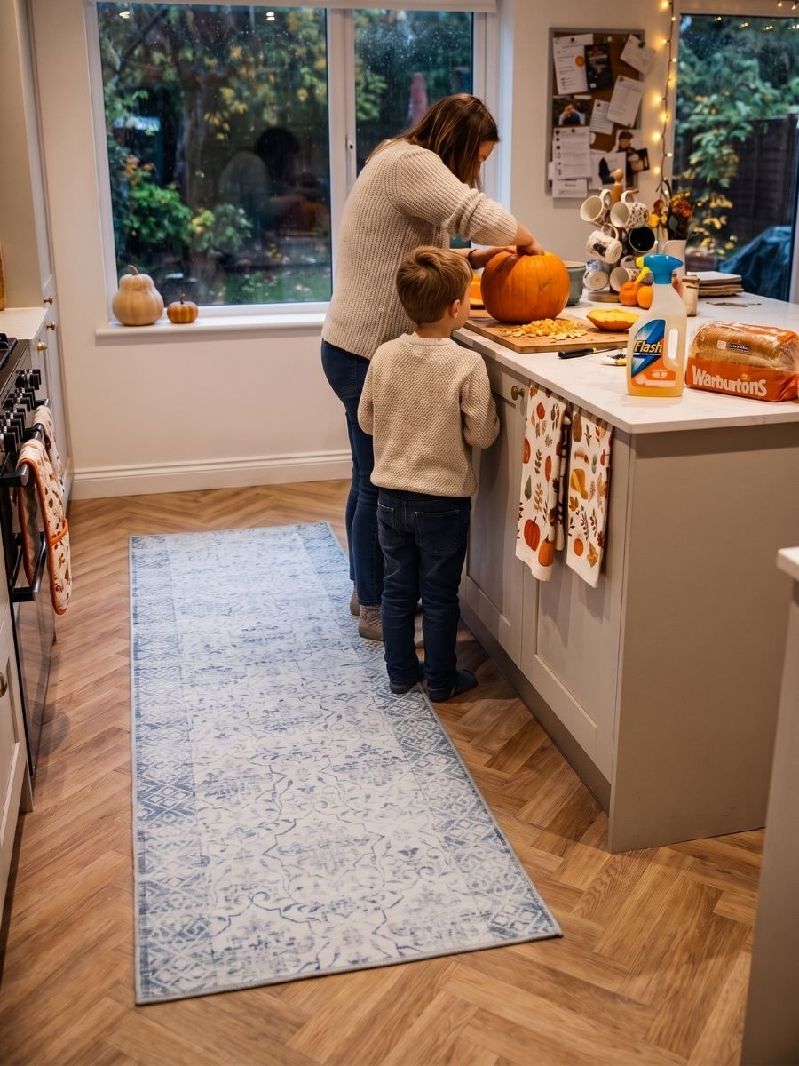 Blue patterned runner in a family kitchen
